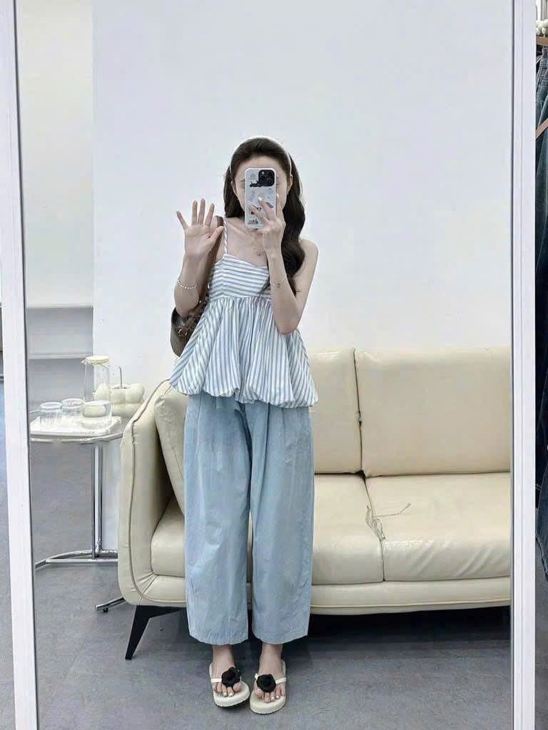 TQ4351-Set áo bí 2 dây kẻ sọc, quần dài Xanh