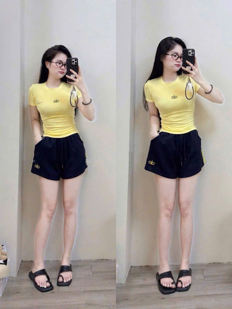 KS0912-Set áo thun body thêu alo Xám, quần short phối viền sọc Đen
