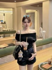 KS0898-Set áo bệt vai, quần short Jean (áo đen)