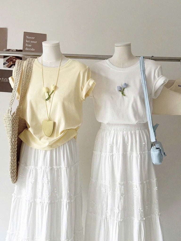 KS0911-Set áo thun đính hoa, CV tầng thêu CC Trắng (full trắng)