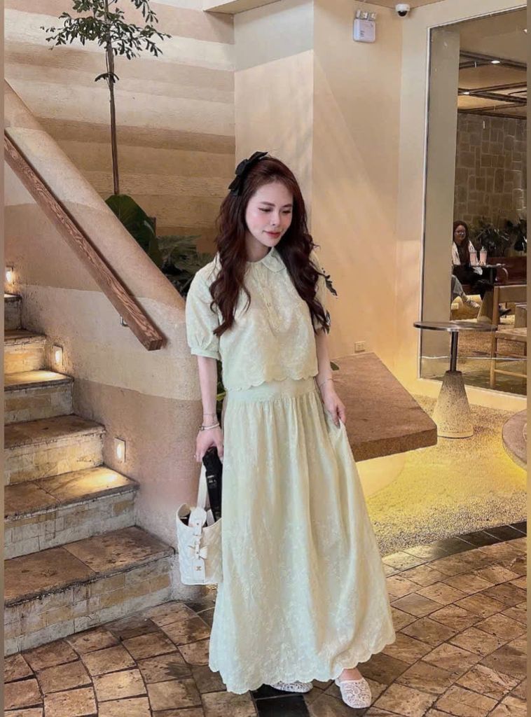 VGU0521 - SET ÁO VIỀN LƯỢN SÓNG + CHÂN VÁY DÀI