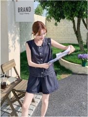 VGU0401-Set áo sát nách + quần short phối viền ren Xanh Đen