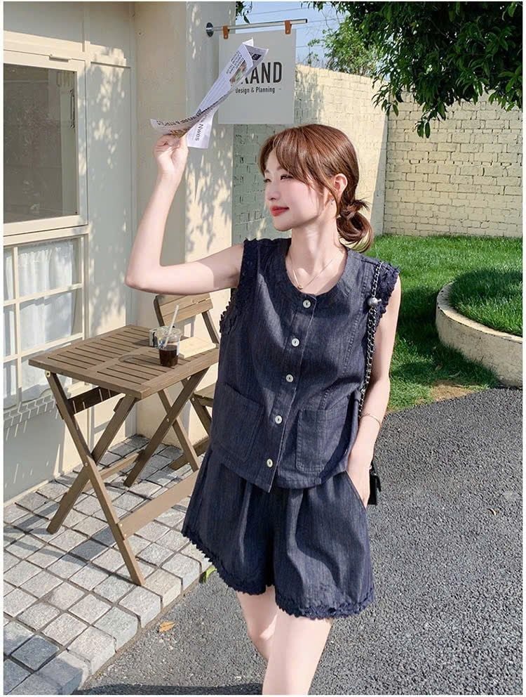 VGU0401-Set áo sát nách + quần short phối viền ren Xanh Đen