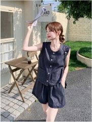 VGU0401-Set áo sát nách + quần short phối viền ren Xanh Đen