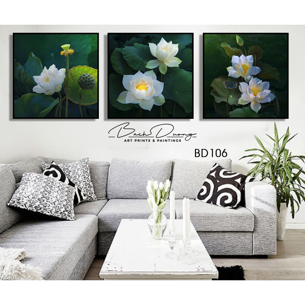  Bộ 3 tranh hoa sen trắng đẹp B3106 