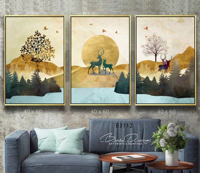  Bộ 3 tranh trừu tượng hươu núi rừng trang trí đẹp B3112 