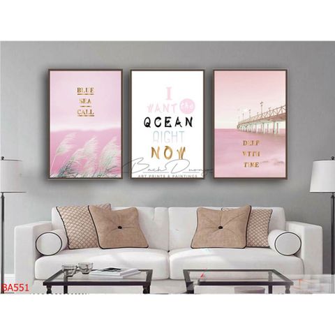  Bộ 3 bức tranh Cầu và biển màu hồng BA551 