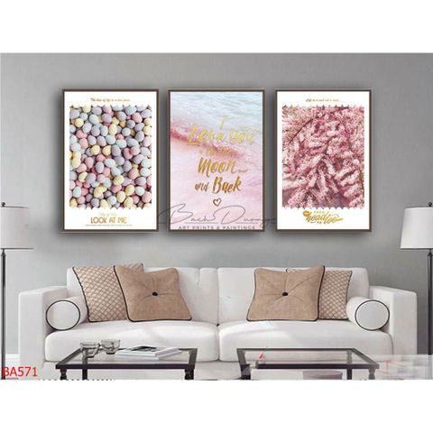  Bộ 3 bức tranh Sóng biển, sỏi đá và lá cây BA571 