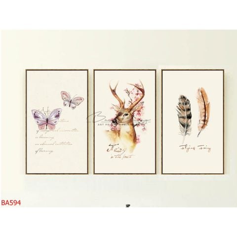  Bộ 3 bức tranh Bướm, Hươu, Lông chim BA594 