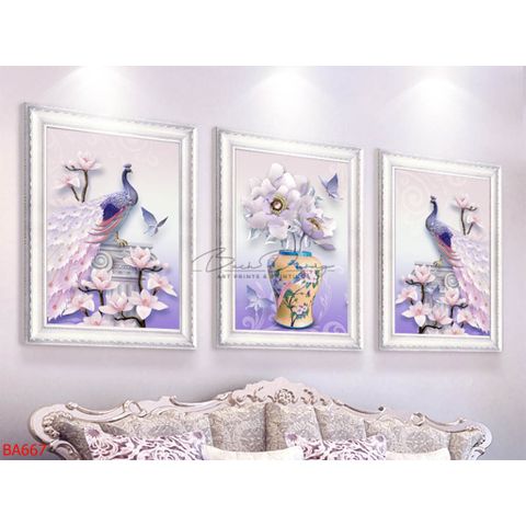  Tranh trang trí bộ ba chim công và hoa BA667 
