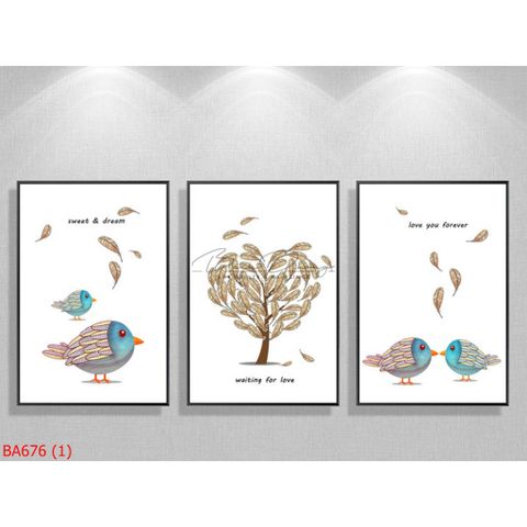  Tranh trang trí bộ ba bức chim và cây BA676 