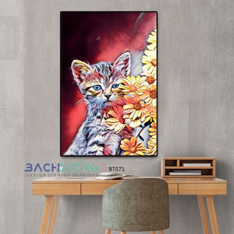  Tranh chú mèo và hoa dễ thương BT071 