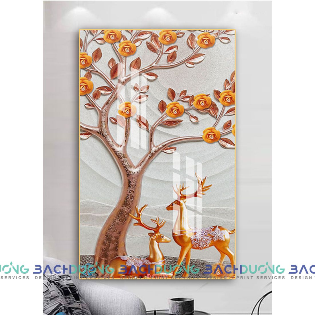  Tranh đôi hưu sừng và cây hoa FT15529 