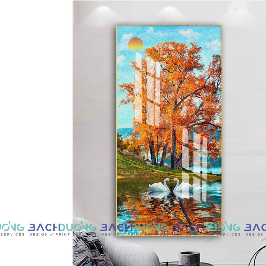  Tranh đôi thiên nga giữa hồ nước mùa thu FT15641 