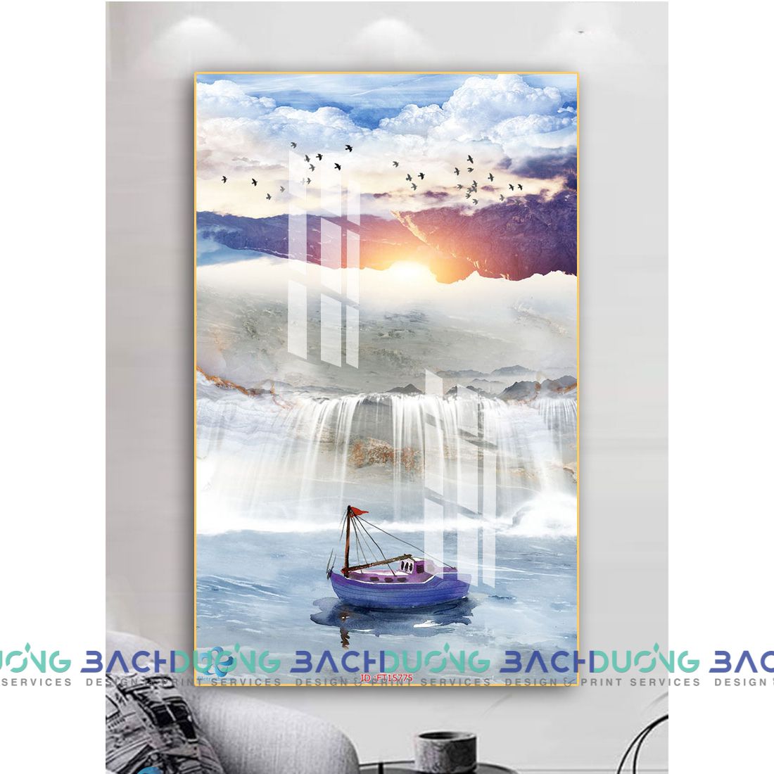 Tranh con thuyền và thác nước hùng vĩ FT15775 