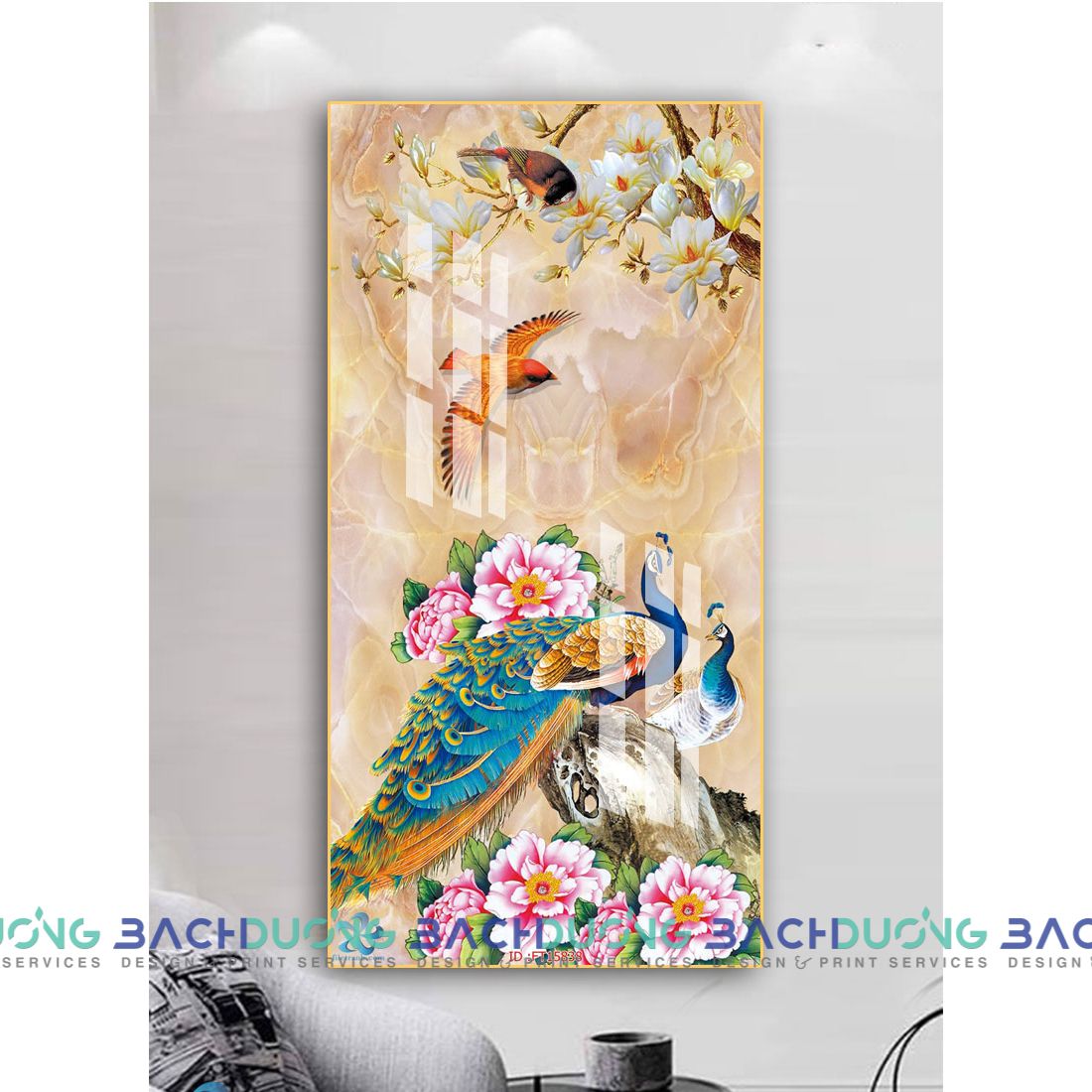  Tranh trang trí Đôi chim công khoe sắc bên hoa FT15838 