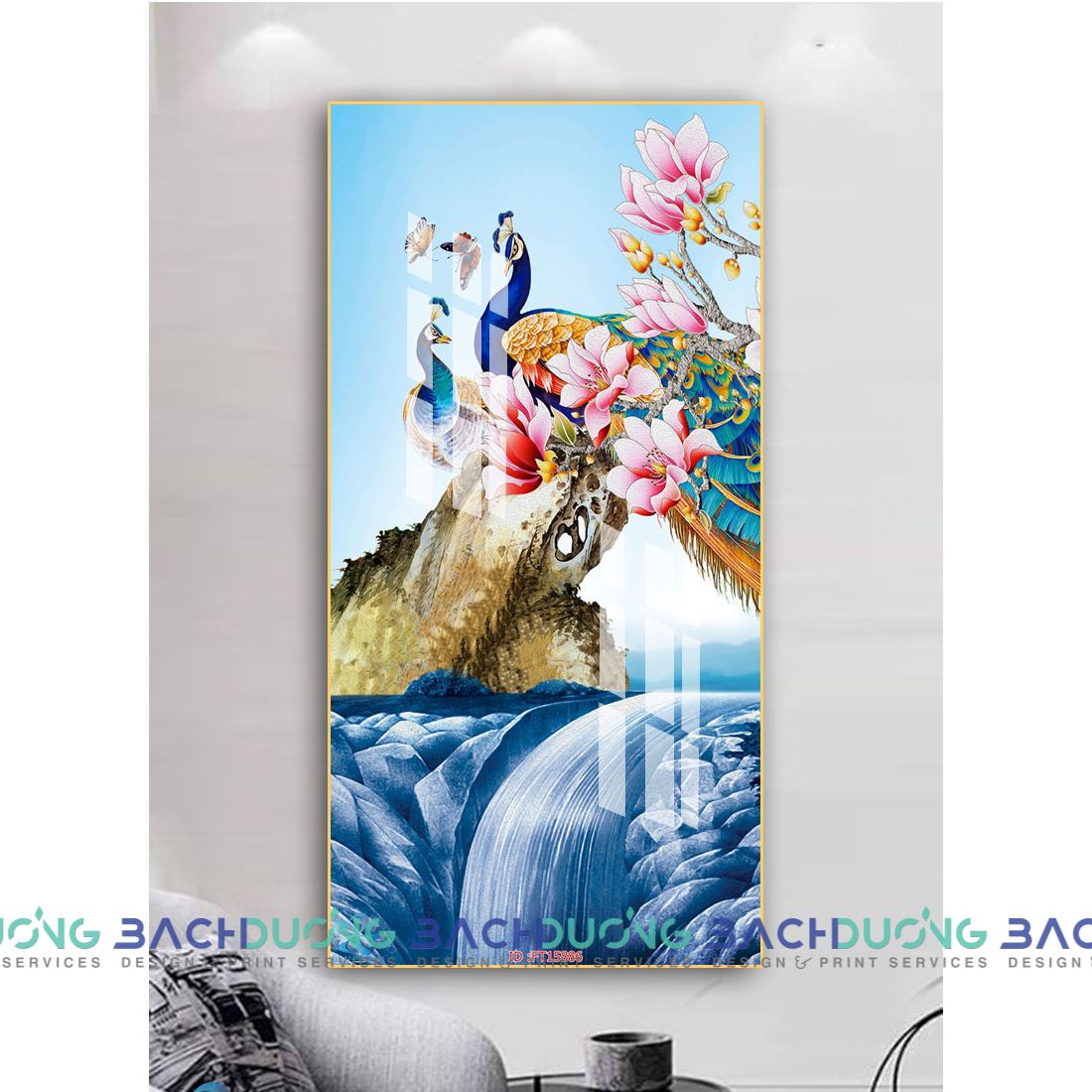  Tranh trang trí đôi chim công và hoa độc đáo FT15886 