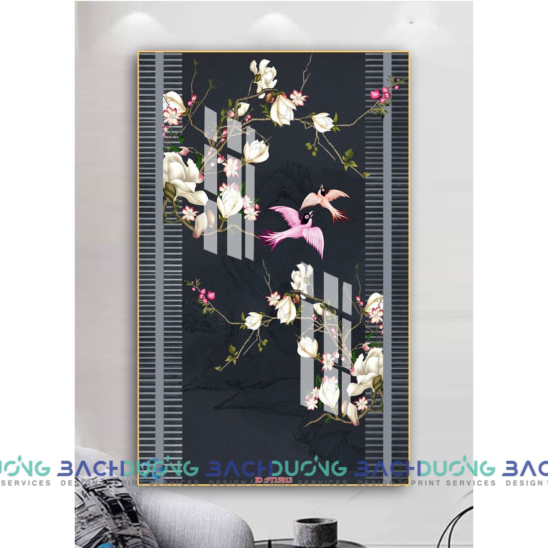  Tranh trang trí nhành hoa khoe sắc và đàn chim FT15913 
