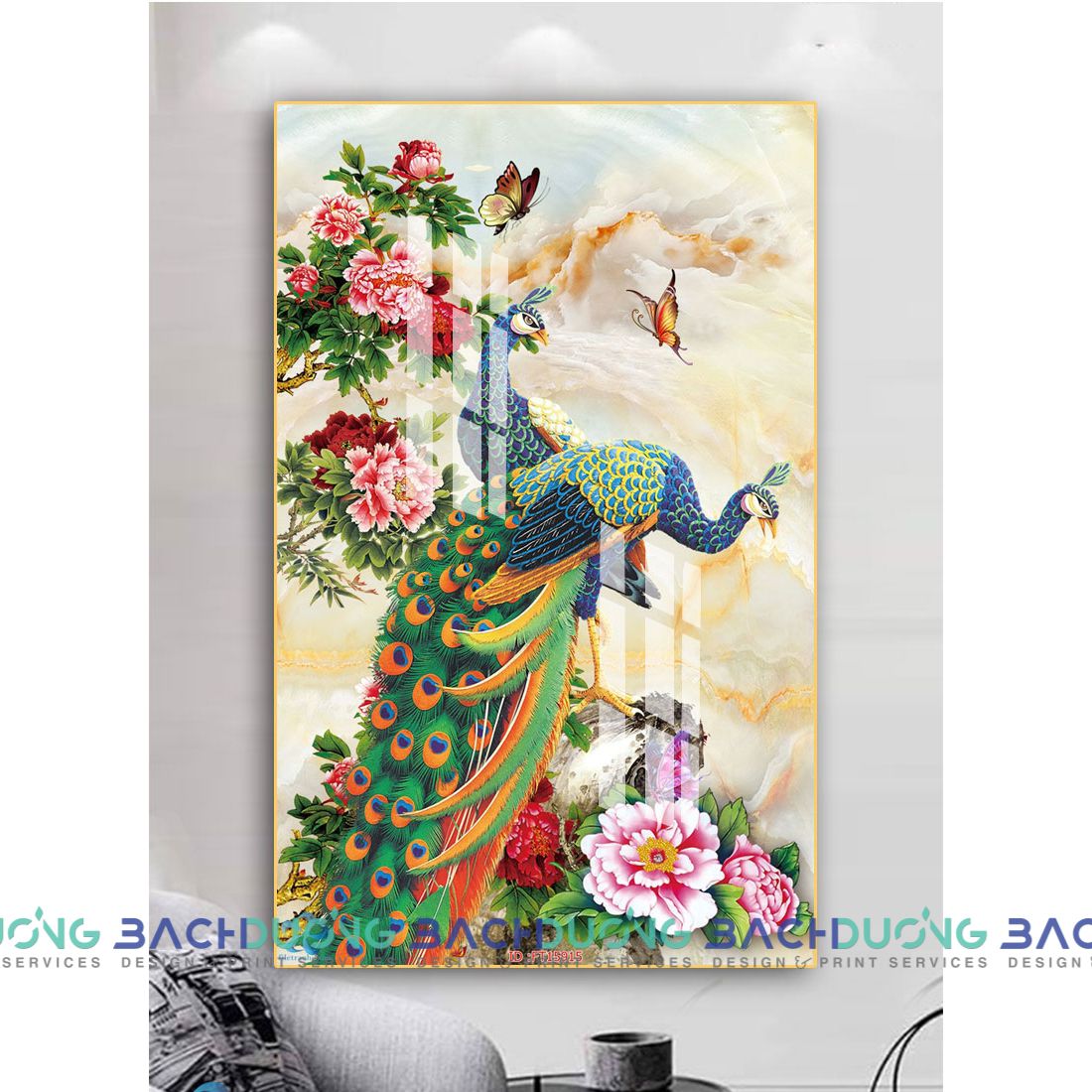  Tranh đôi chim công và hoa rực rỡ FT15915 