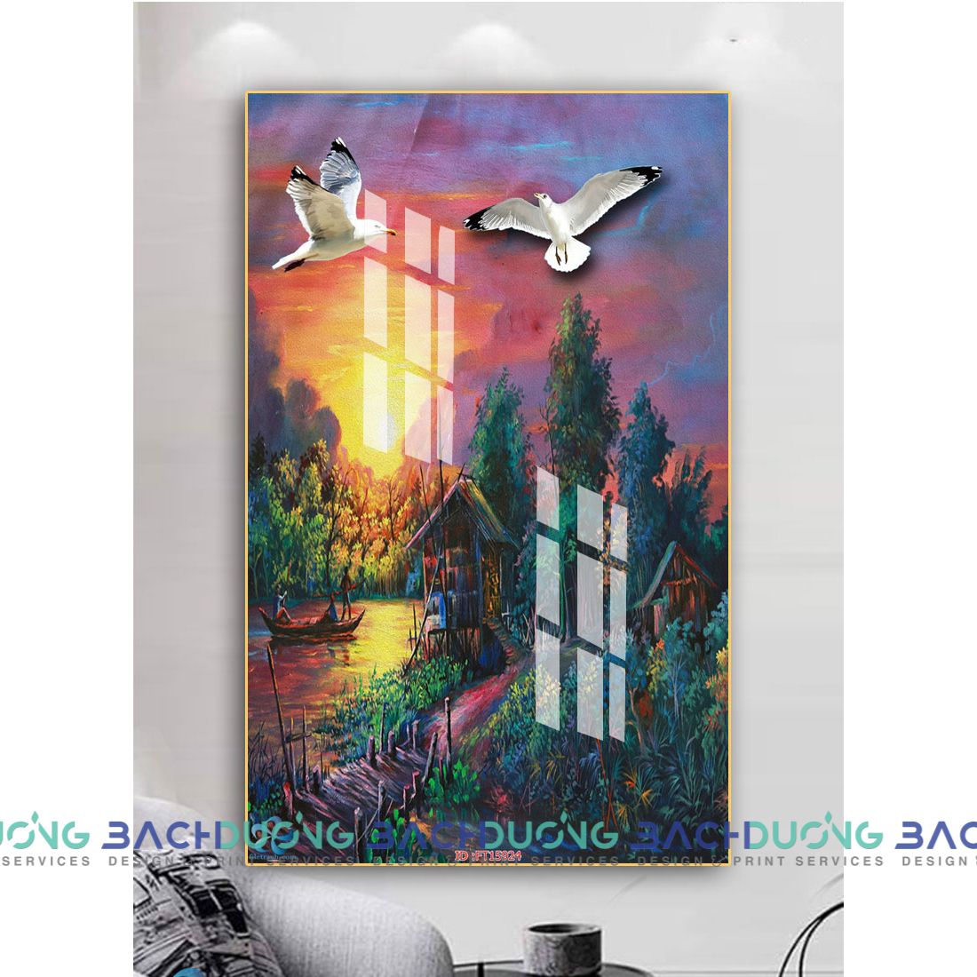  Tranh khung cảnh làng quê và hoàng hôn FT15924 