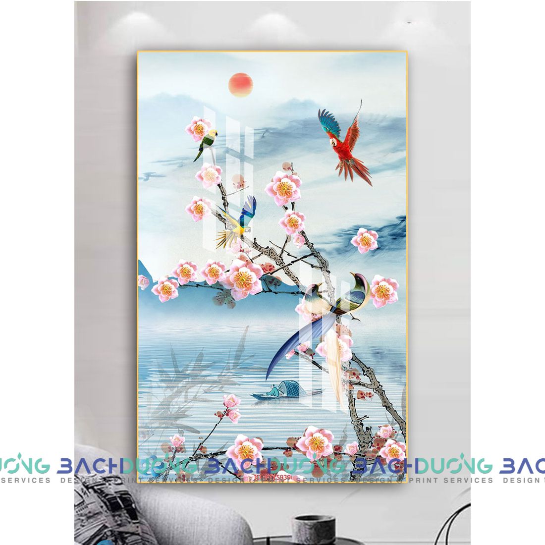  Tranh nhành hoa rực rỡ bên hồ FT15939 