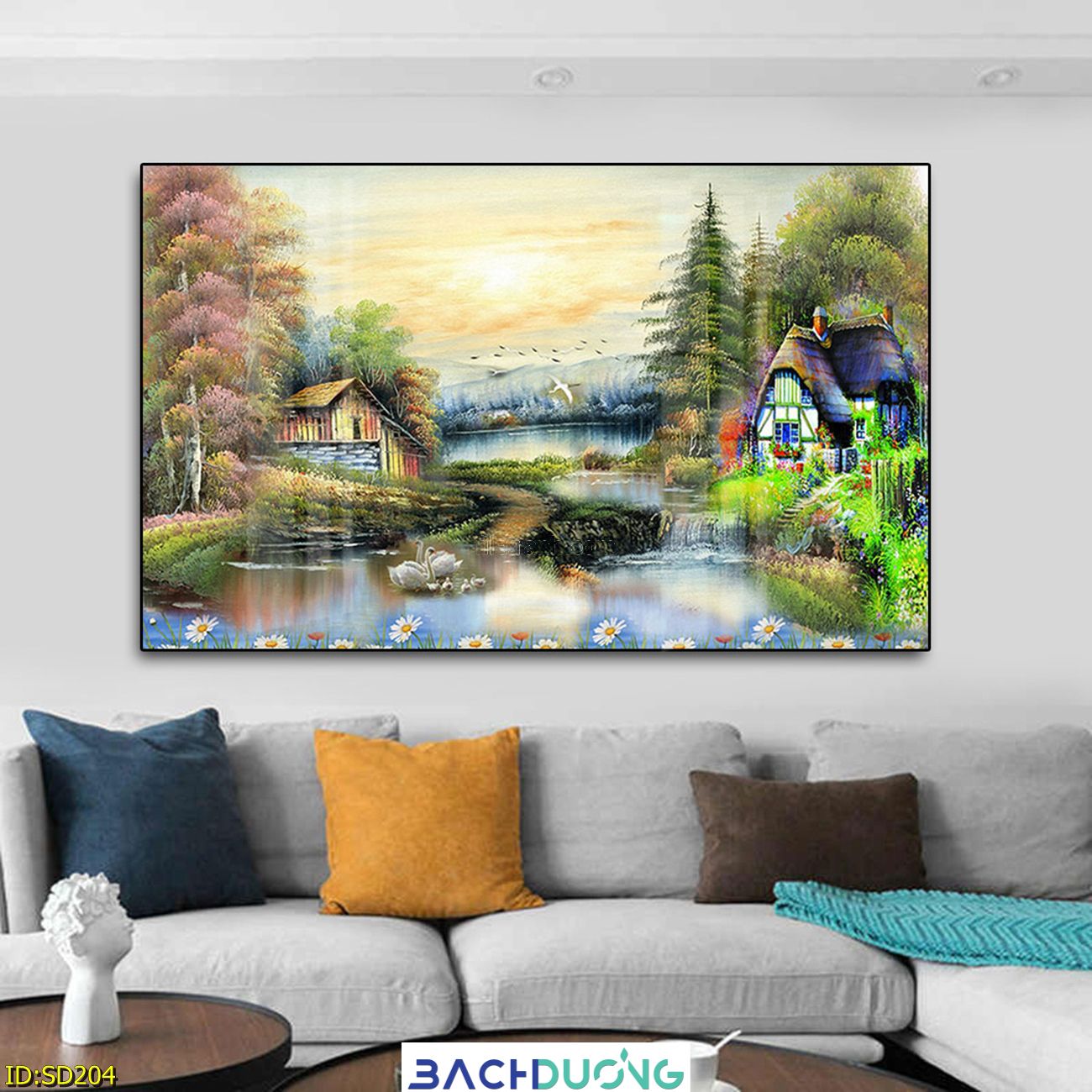  Tranh trang trí Phong cảnh nhà ven hồ SD204 
