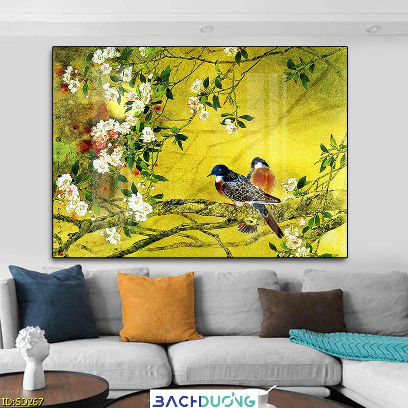  Tranh đôi chim đậu trên nhành cây trổ hoa SD267 
