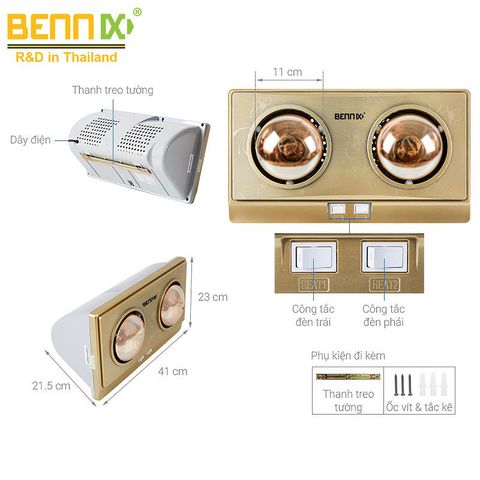  Đèn sưởi nhà tắm Bennix Thái Lan BN-03BG loại 2 bóng cao cấp, hàng chính hãng bảo hành 36 tháng 
