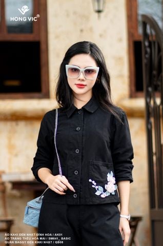 Áo kaki đen nhật đính hoa AK01