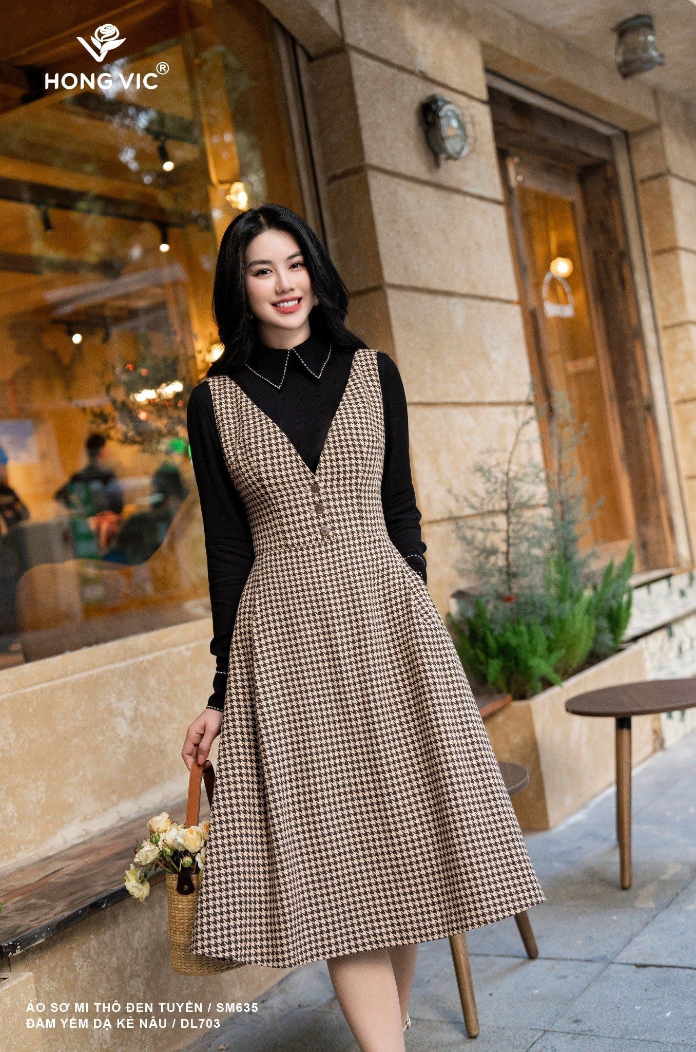 Đầm yếm dạ kẻ nâu DL703