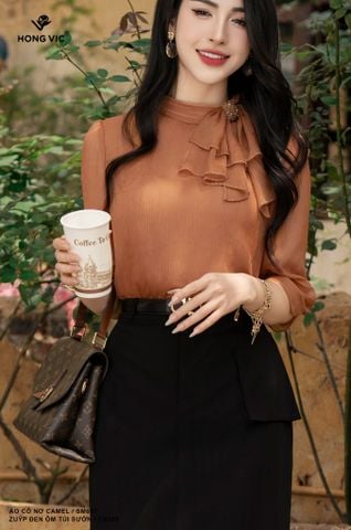 Áo cổ nơ camel SM657
