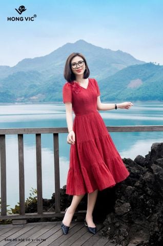 Đầm đỏ xòe cổ V DL798