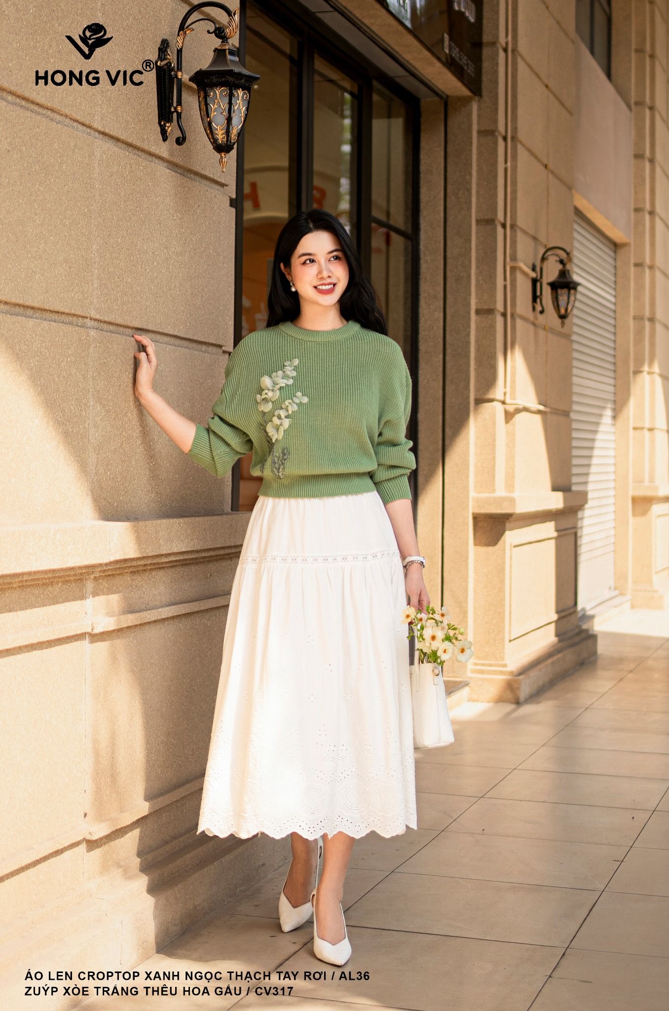 Áo len croptop xanh ngọc thạch tay rơi AL36