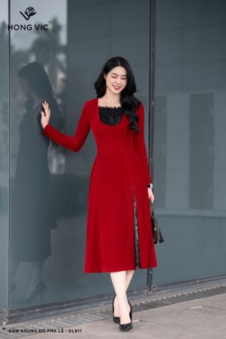 Đầm nhung đỏ pha lê DL911