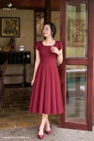 Đầm đỏ đô xòe tách mảnh DL931
