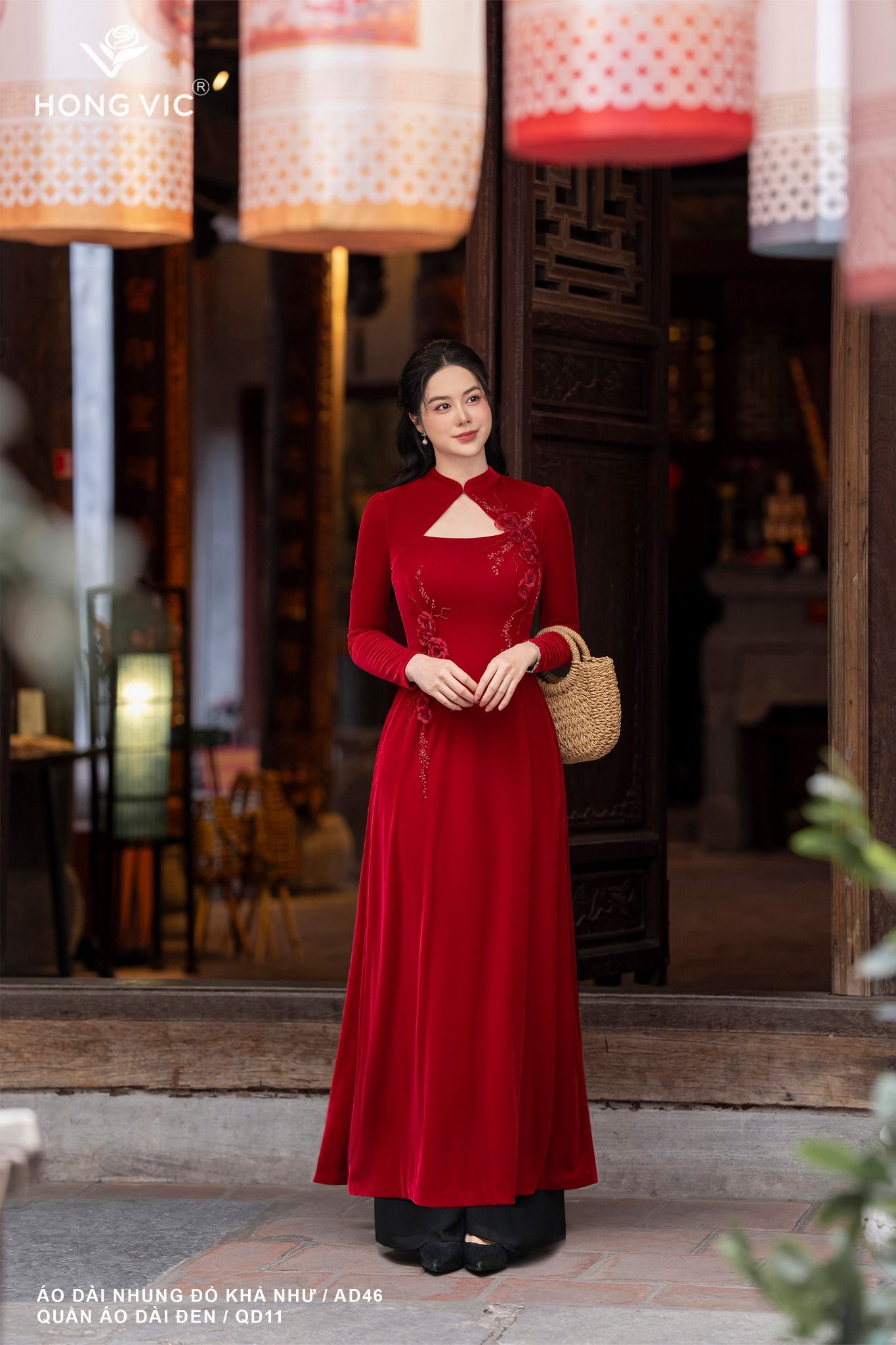 Áo dài nhung đỏ khả như AD46