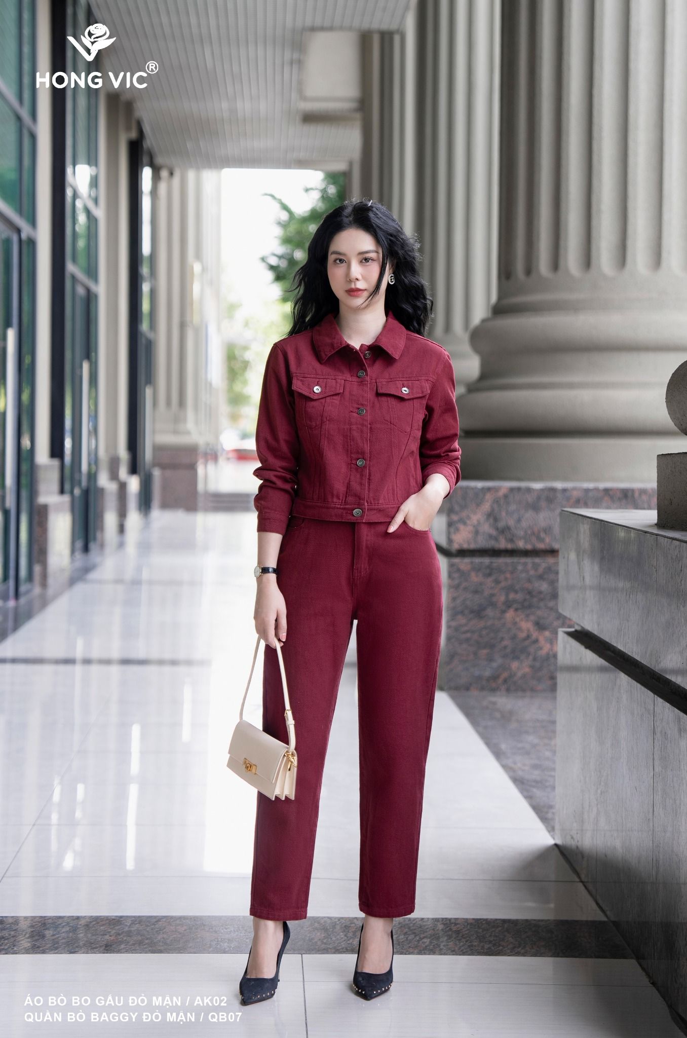 Quần bò baggy đỏ mận QB07