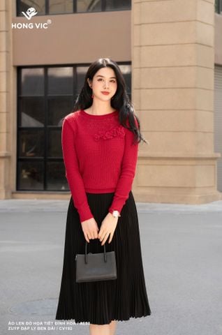 Áo len đỏ họa tiết đính hoa AL38
