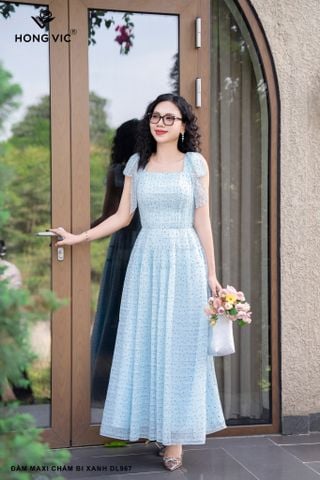 Đầm maxi chấm bi xanh DL967