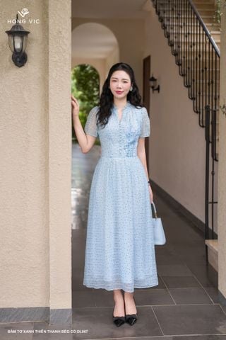 Đầm tơ xanh thiên thanh bèo cổ DL987