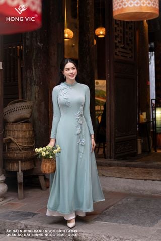 Áo dài nhung xanh ngọc bích AD45