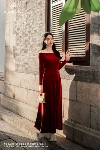 Áo dài nhung đỏ cát tường AD48