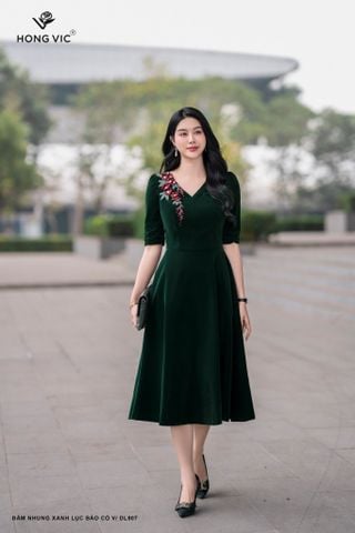Đầm nhung xanh lục bảo cổ V DL907
