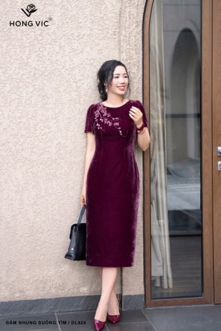Đầm nhung suông tím DL924