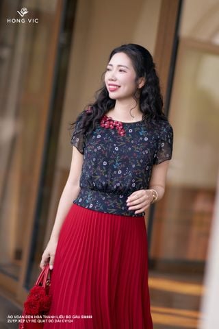 Áo voan đen hoa thanh liễu bo gấu SM889