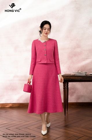 Zuýp dạ hồng sen xòe dài CV380