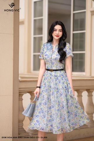 Đầm hoa anh đào xanh bèo cổ DL958