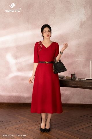 Đầm đỏ dài cổ V DL885