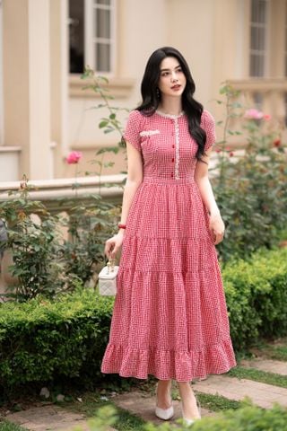 Đầm kẻ đỏ dài DL949