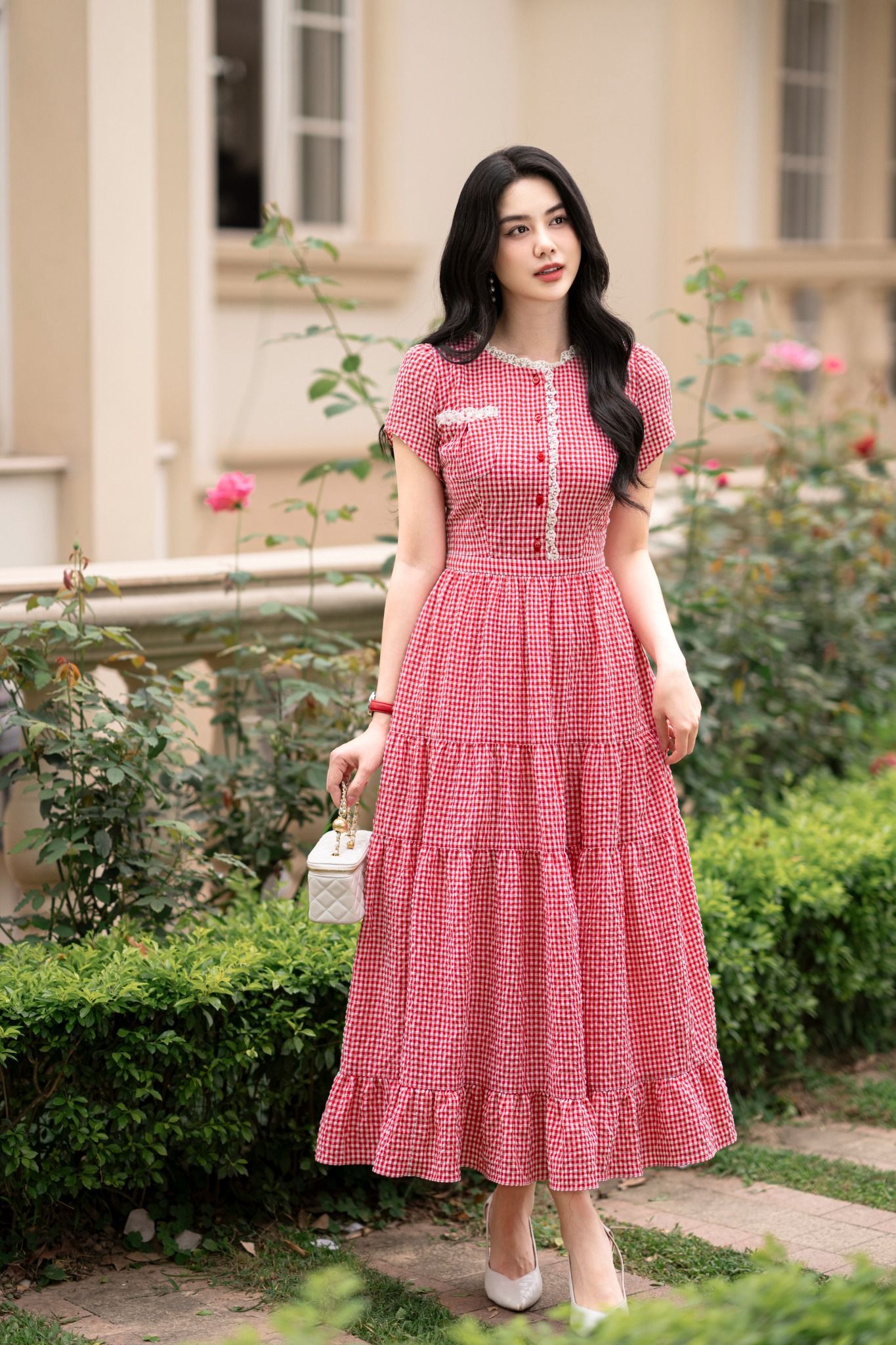 Đầm kẻ đỏ dài DL949